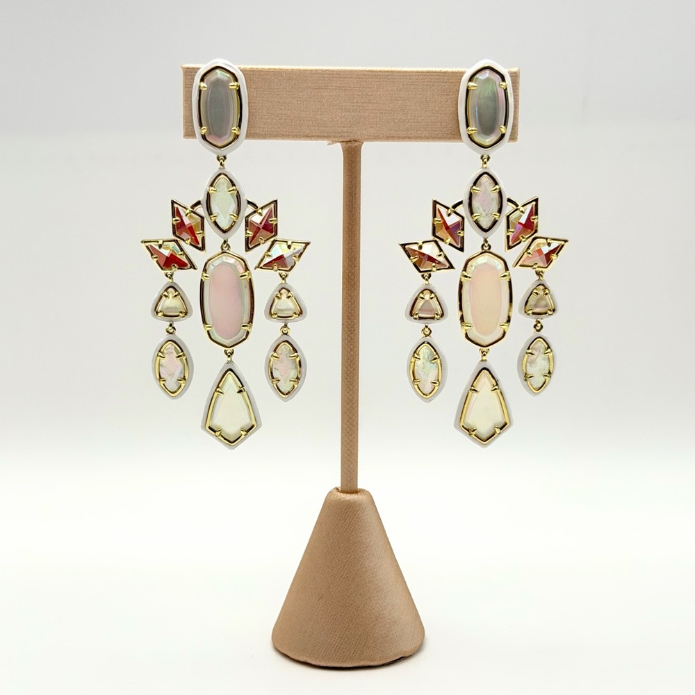 Kendra Scott Luxury Greta Gold Tone Ivory Iridescent Chandelier Earrings $198 - Picture 14 of 16